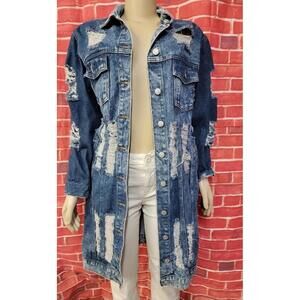 THRILL Holey Jeans Women’s Denim Jacket Size S Ripped Distressed #W